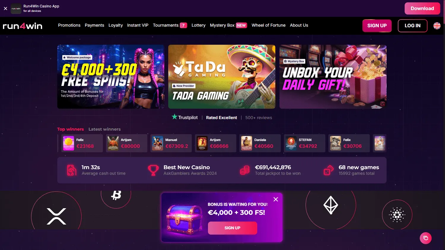 Run4Win pokies page with popular slots